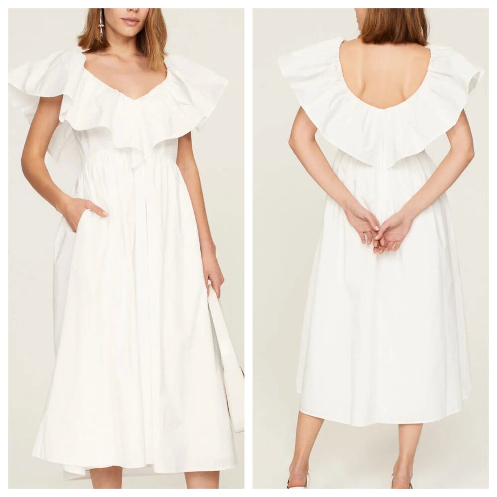 Adam Lippes Midi Dress White 100% Cotton Ruffle Neckline